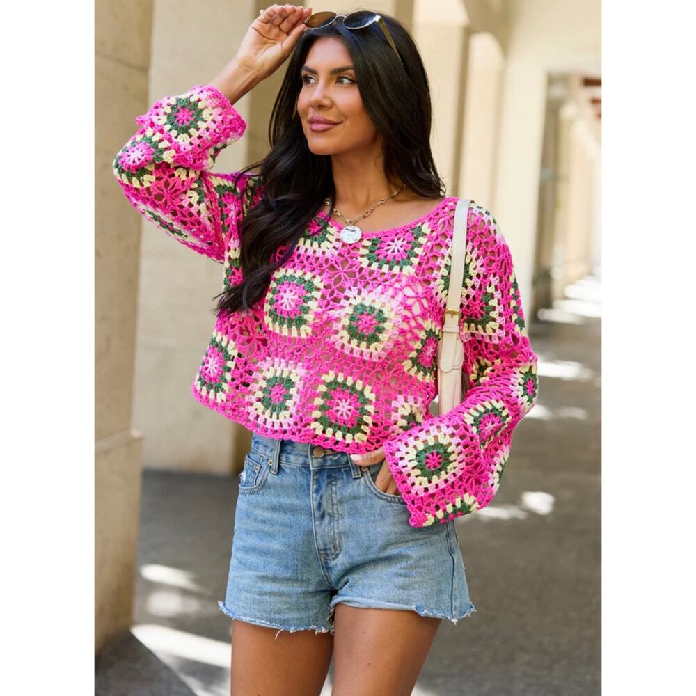 Debut pink crochet granny square sweater open knit cropped size M medium - Picture 2 of 14